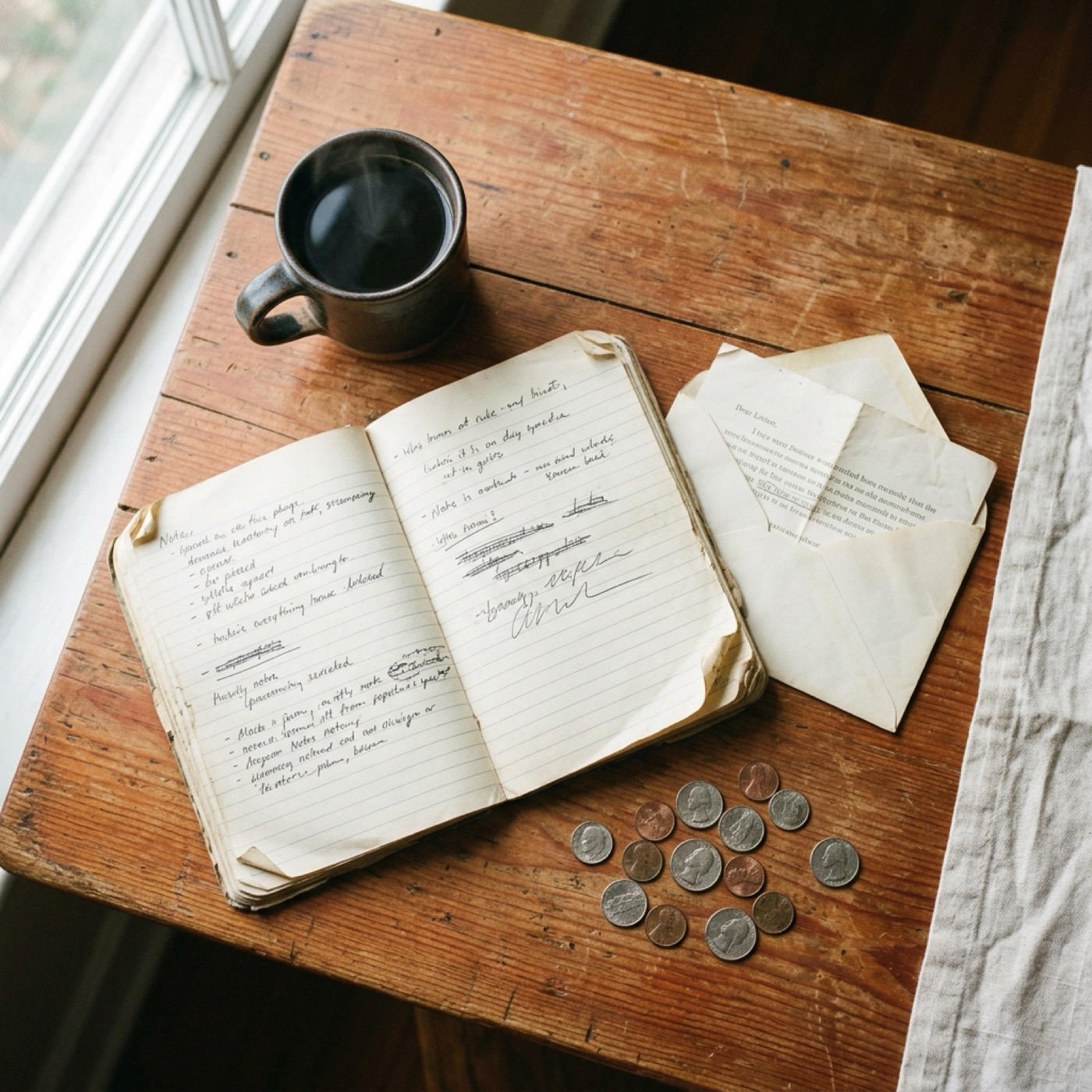 Wooden desk with open notebook and morning light