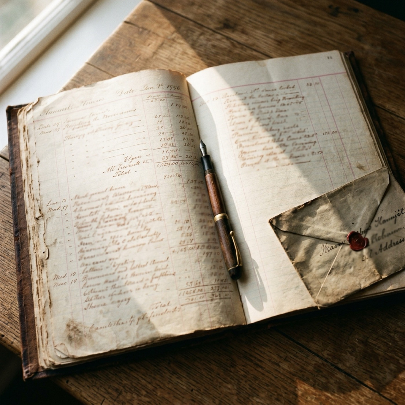 Open ledger with pen and envelope on a wooden desk